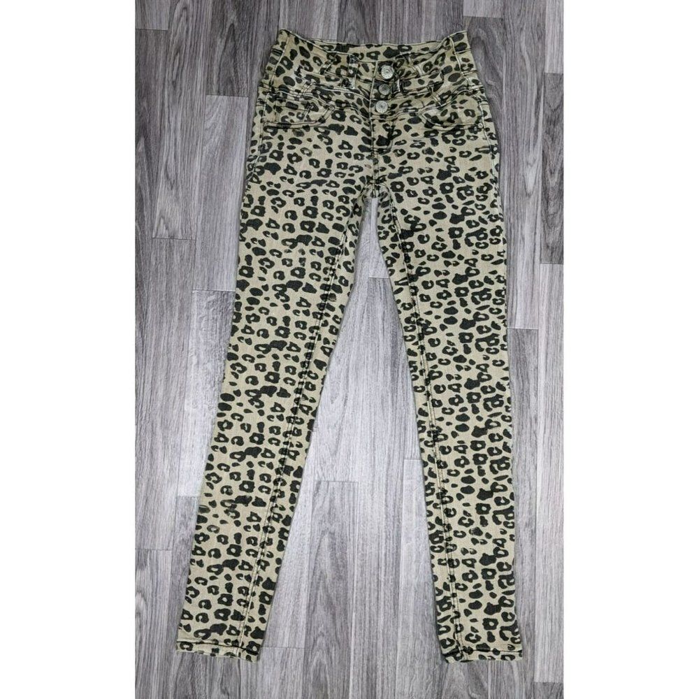 Almost Famous Juniors Size 1 Mid Rise Skinny Animal‎ Print Tan Black Denim Jeans